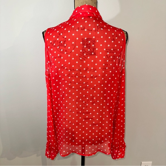 Bongo Red Orange Polka Dot Sheer Cold Shoulder Long Sleeve Button-Up Blouse Top - Picture 4 of 7